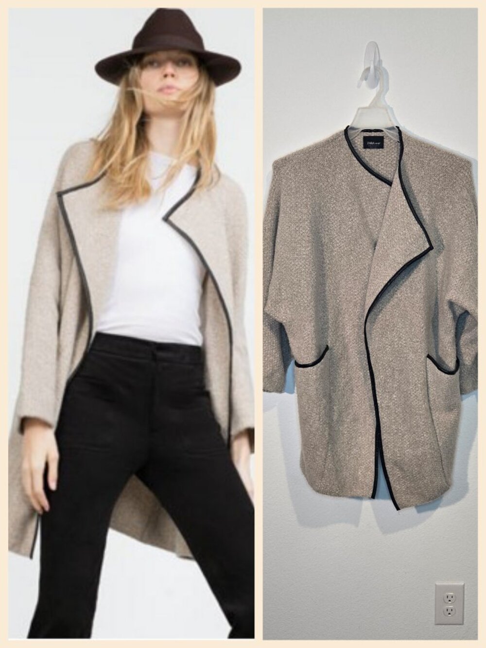 Zara Knit open front cardigan with leather trim size m cream sand color